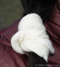 Load image into Gallery viewer, Gentle on Hair, Strong in Hold: Wrap your hair in the softness of cashmere without compromising on strength.  California Craftsmanship: Ethically made in California, our scrunchies feature sustainable cashmere from Mongolian goat herders.  Hand-Dyed Yarn: Choose from a variety of hand-dyed colors, making it a stylish and personalized gift, shown here as worn on long pony tail.